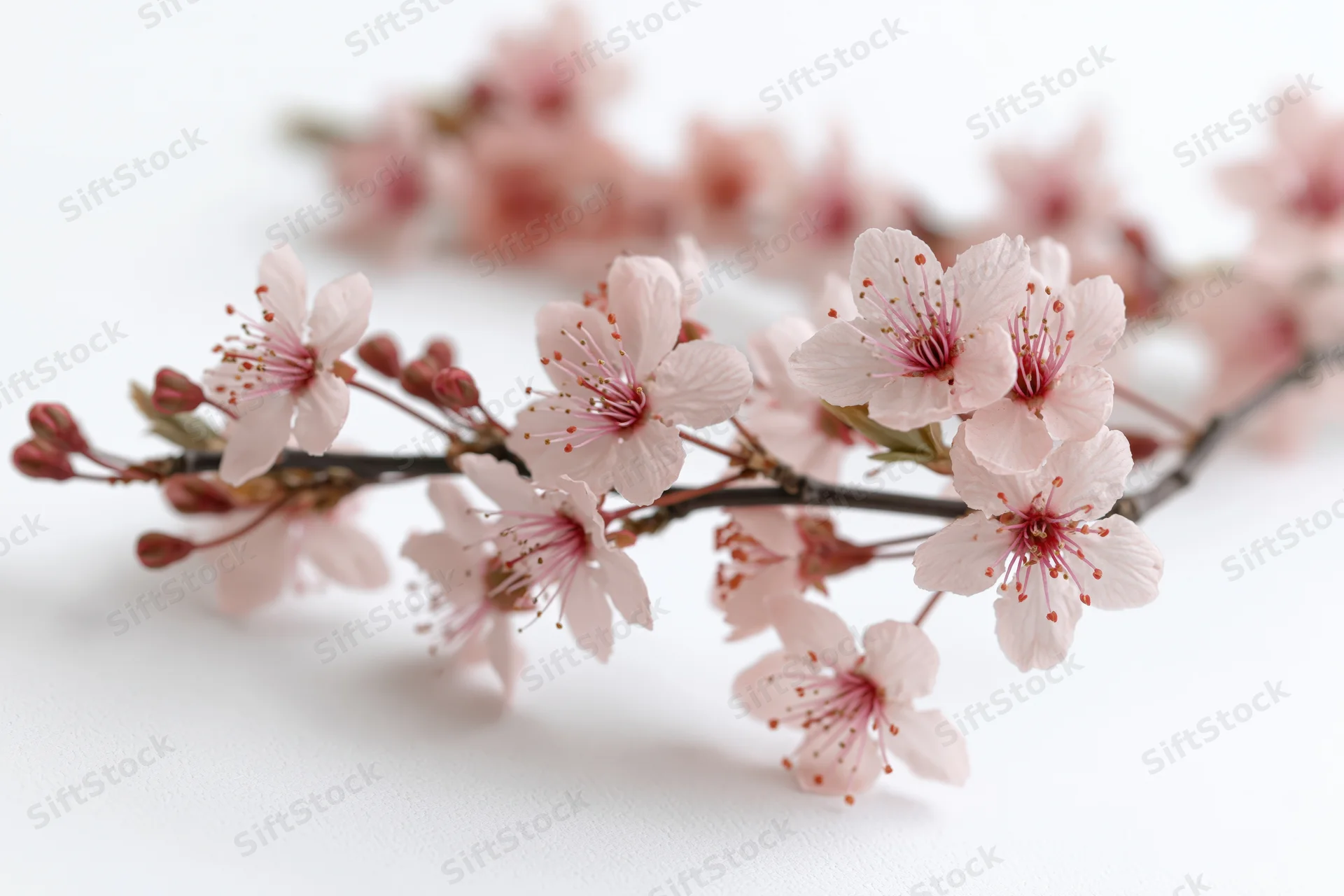Cherry blossom branch with pale pink flowers and buds on white background
