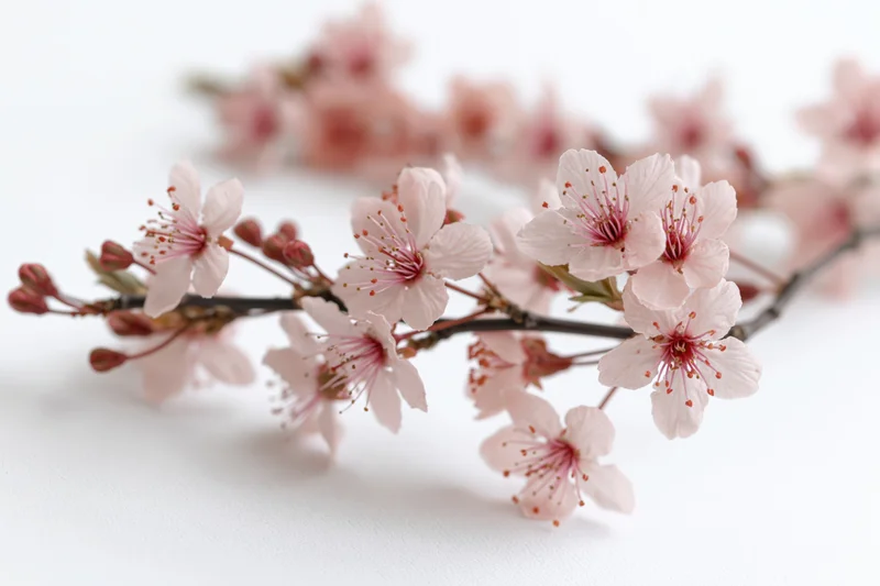 Cherry blossom branch with pale pink flowers and buds on white background