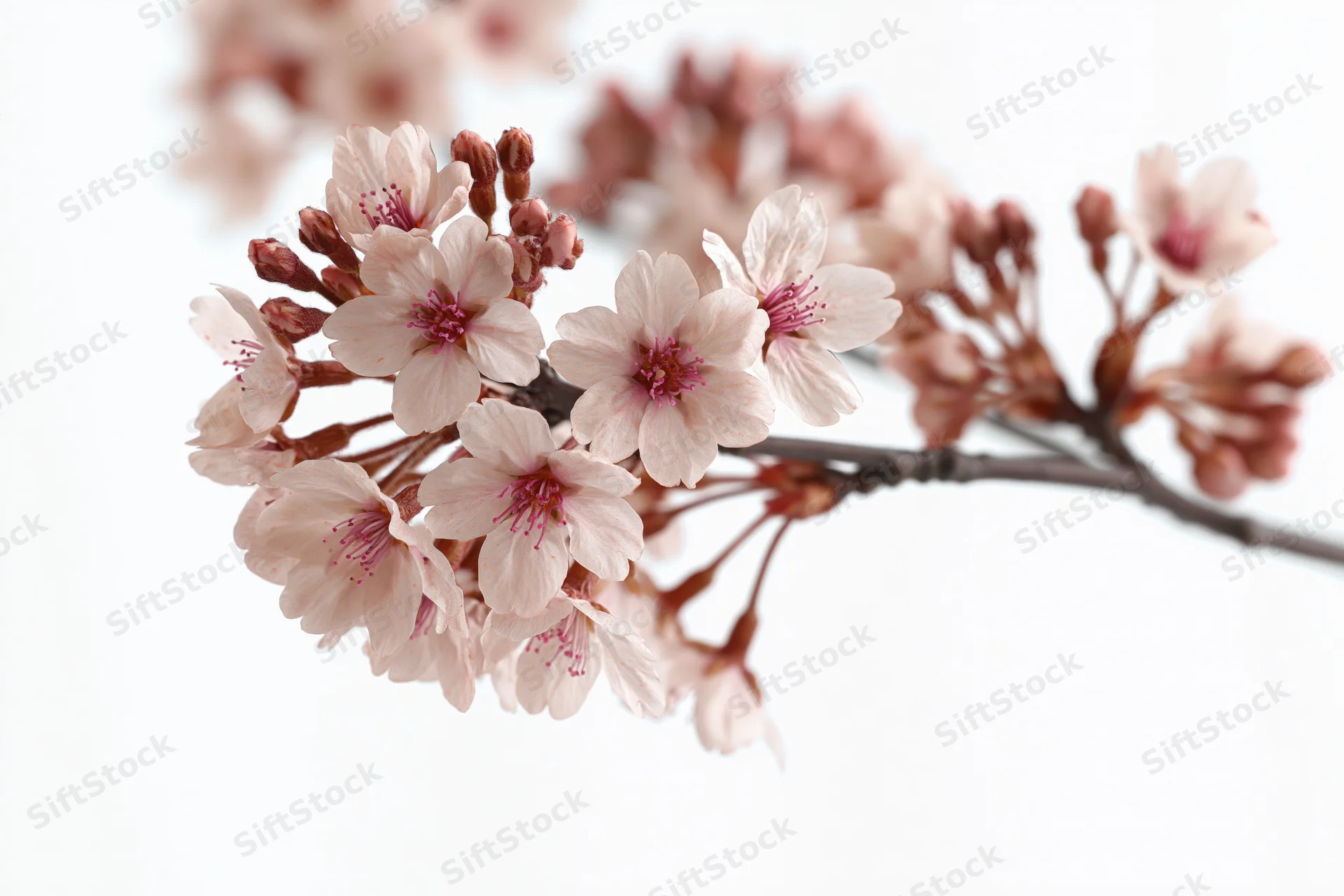 Cherry blossom branch with clusters of pale pink flowers and buds on white background