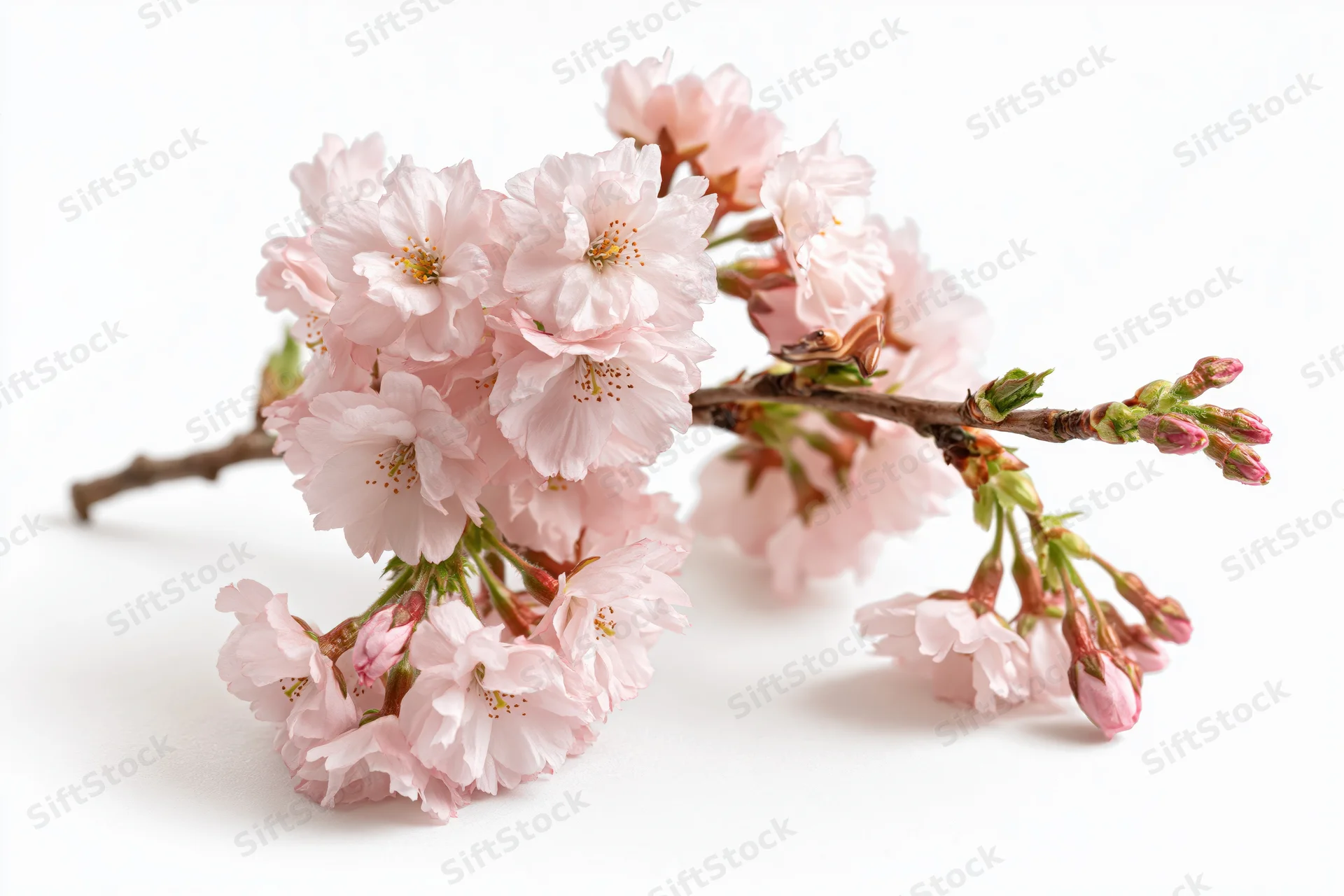 Cherry blossom branch with clusters of soft pink flowers and buds on white background