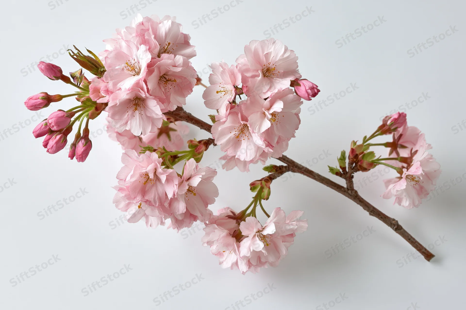 Cherry blossom branch with clusters of soft pink flowers and buds on white background