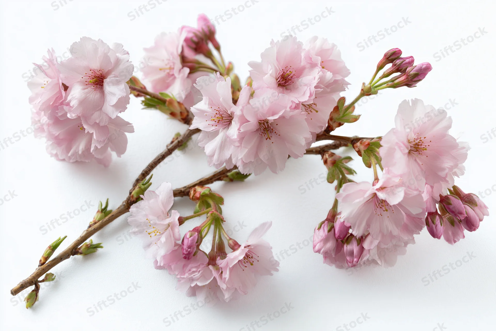 Cherry blossom branch with soft pink flowers and buds on white background