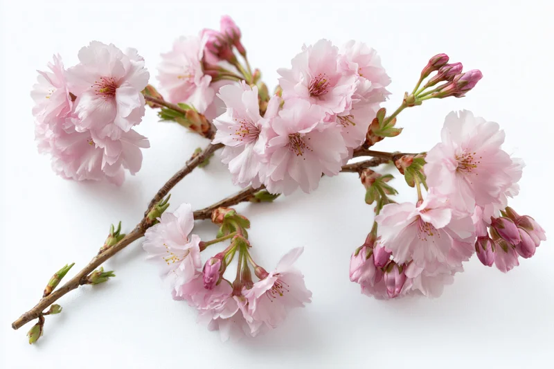 Cherry blossom branch with soft pink flowers and buds on white background