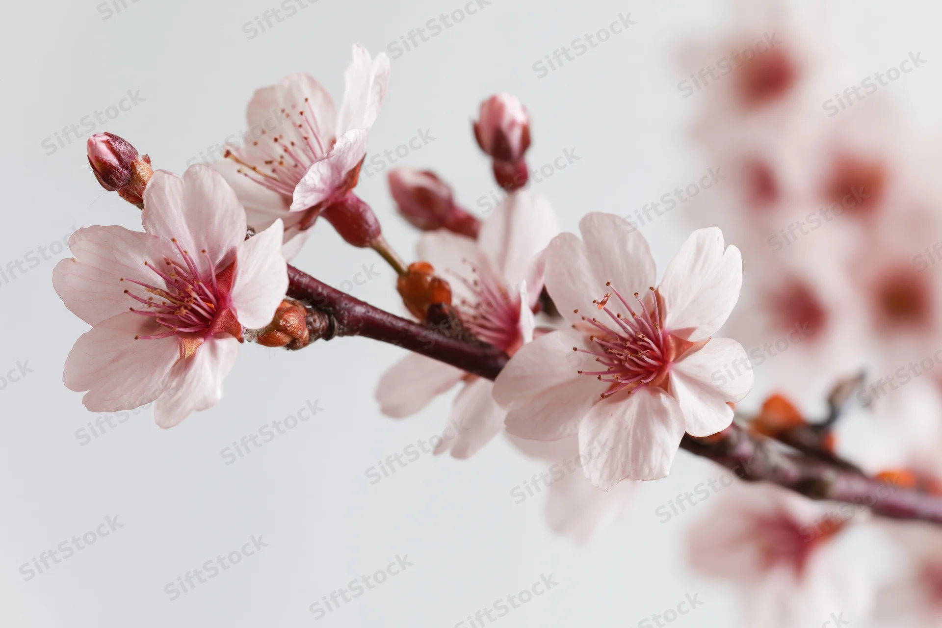 Cherry blossom branch with open blooms and small buds isolated on white background
