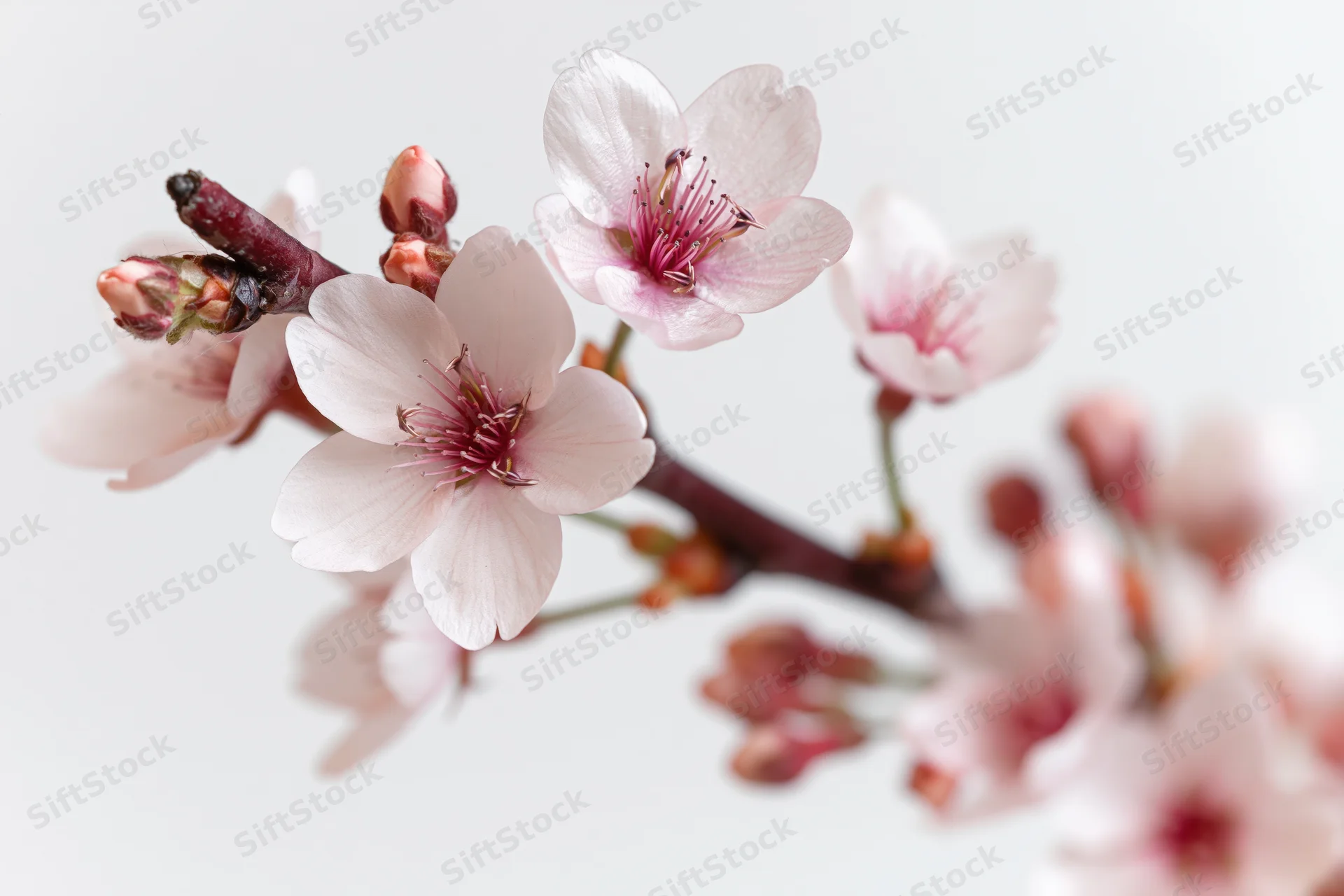 Cherry blossom branch with open blooms and small buds isolated on white background