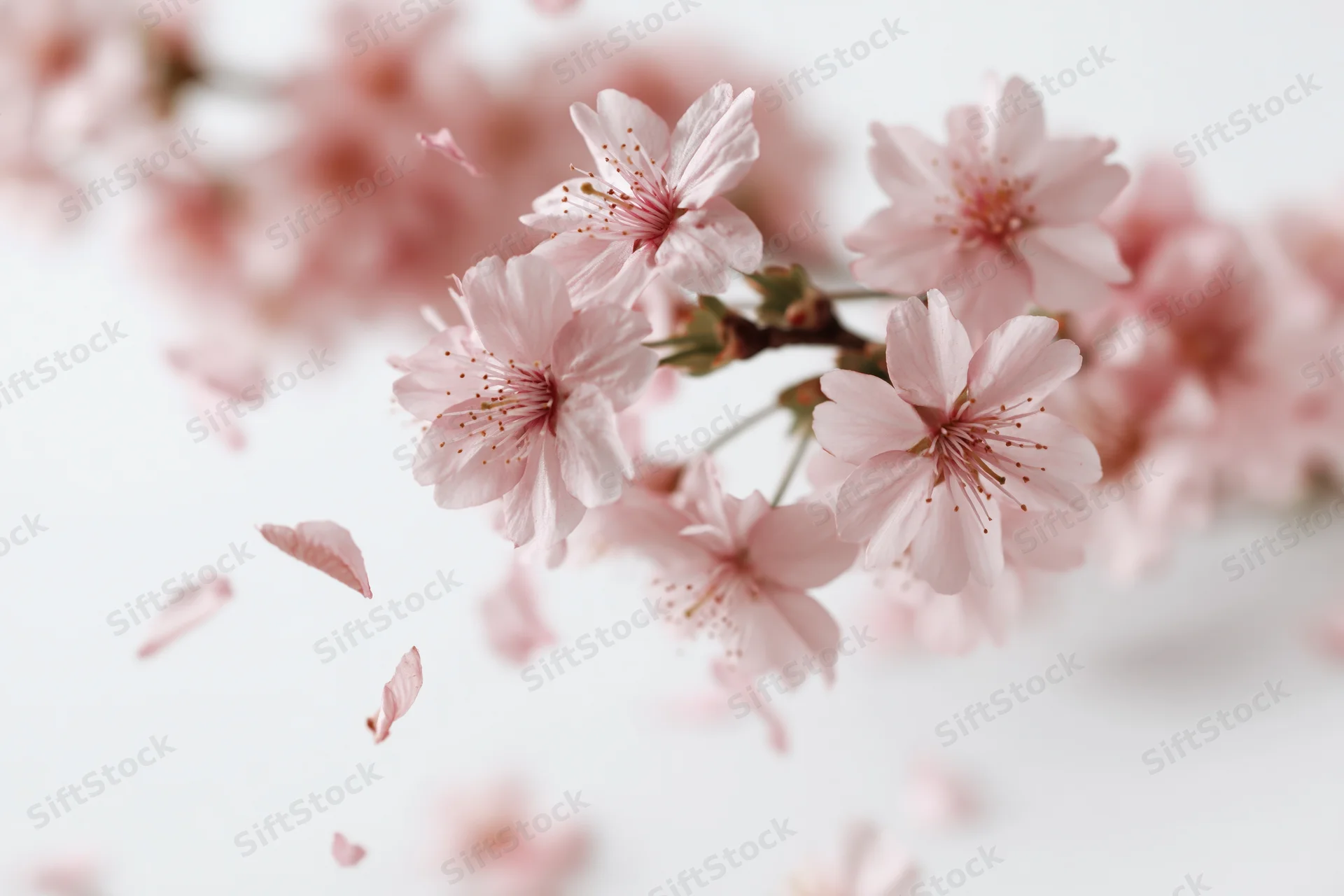 Cherry blossom branch with petals drifting against a white background