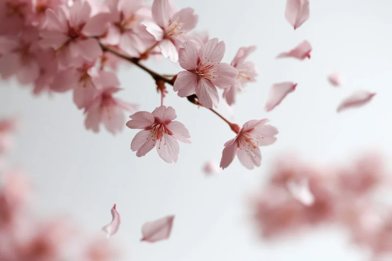 Cherry blossom branch with petals drifting through soft light