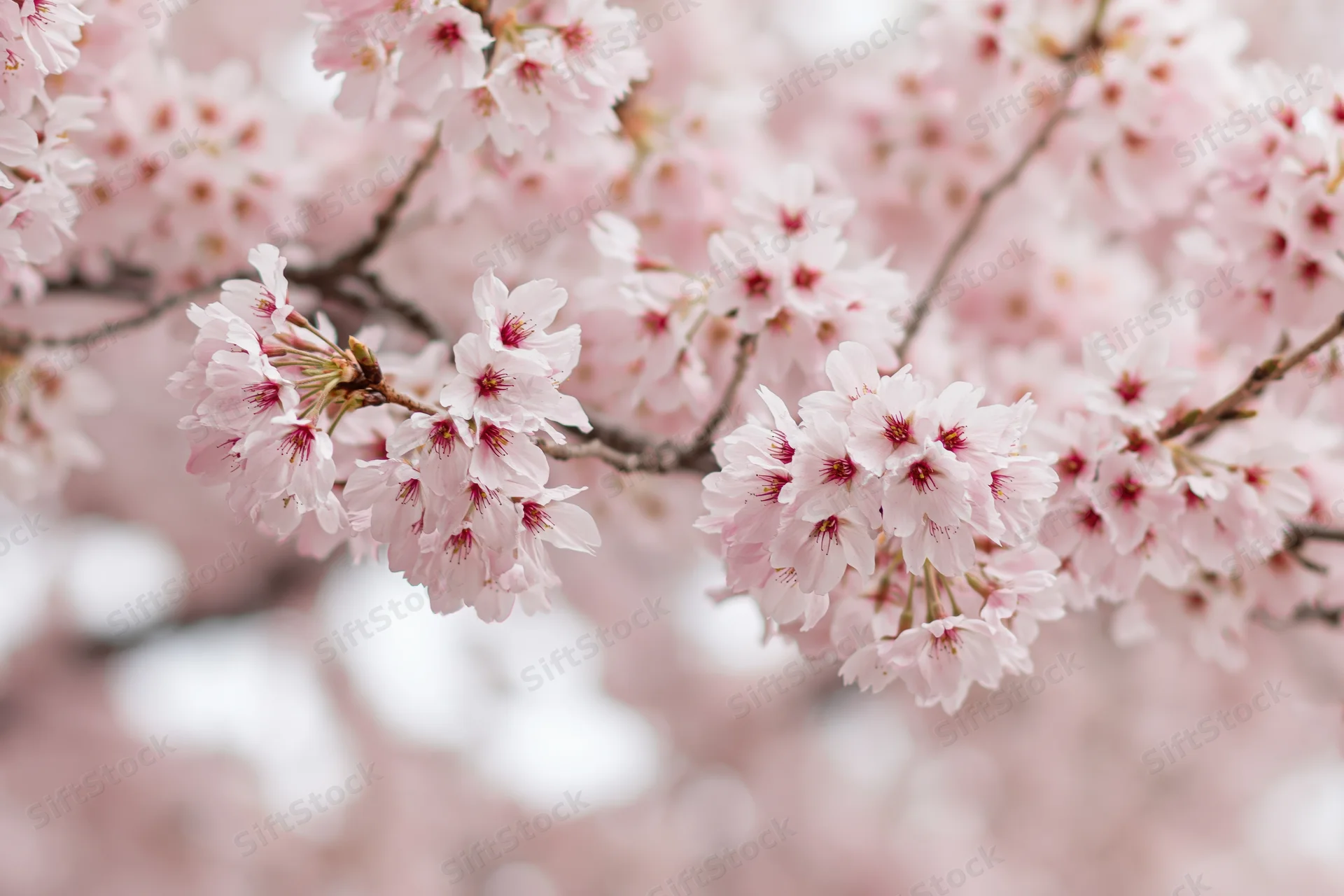 Cherry blossom branches in full bloom with soft pink flowers against a blurred natural background