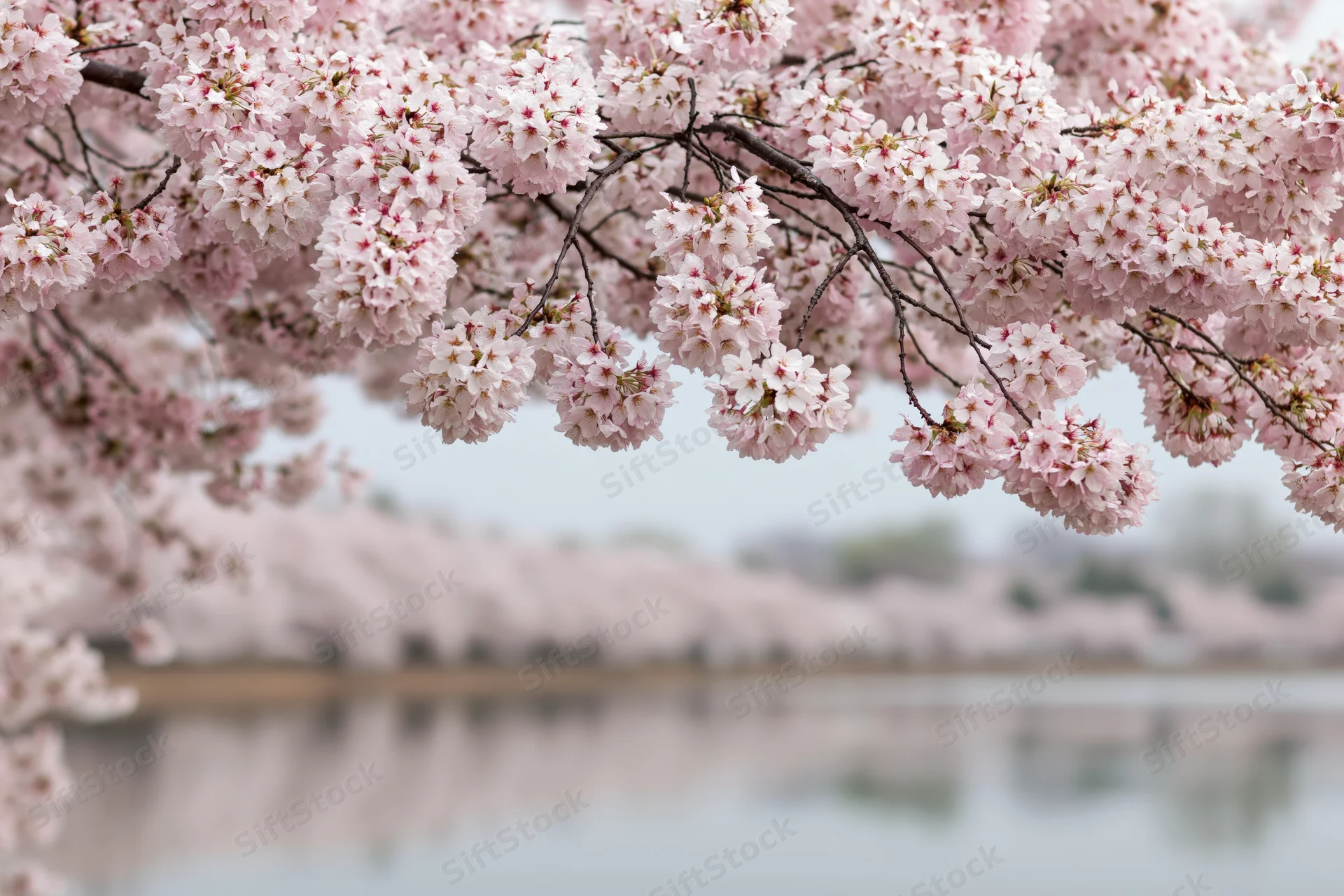 Cherry blossom branches in full bloom arching over calm water with reflection