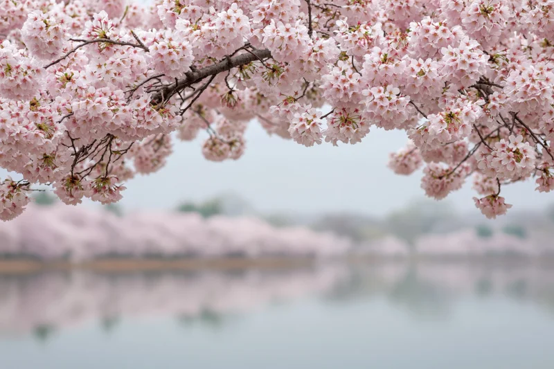 Cherry blossom branches in full bloom arching over calm water with reflection