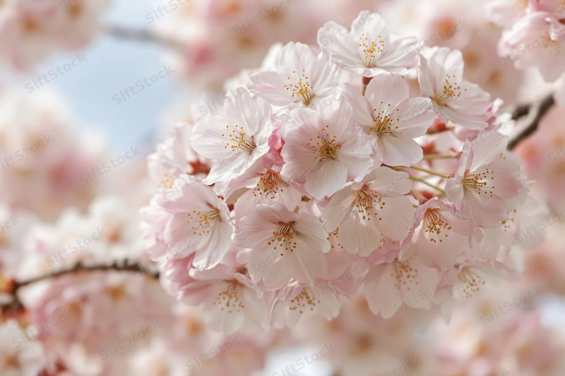 Closeup of cherry blossom cluster in full bloom on a tree branch