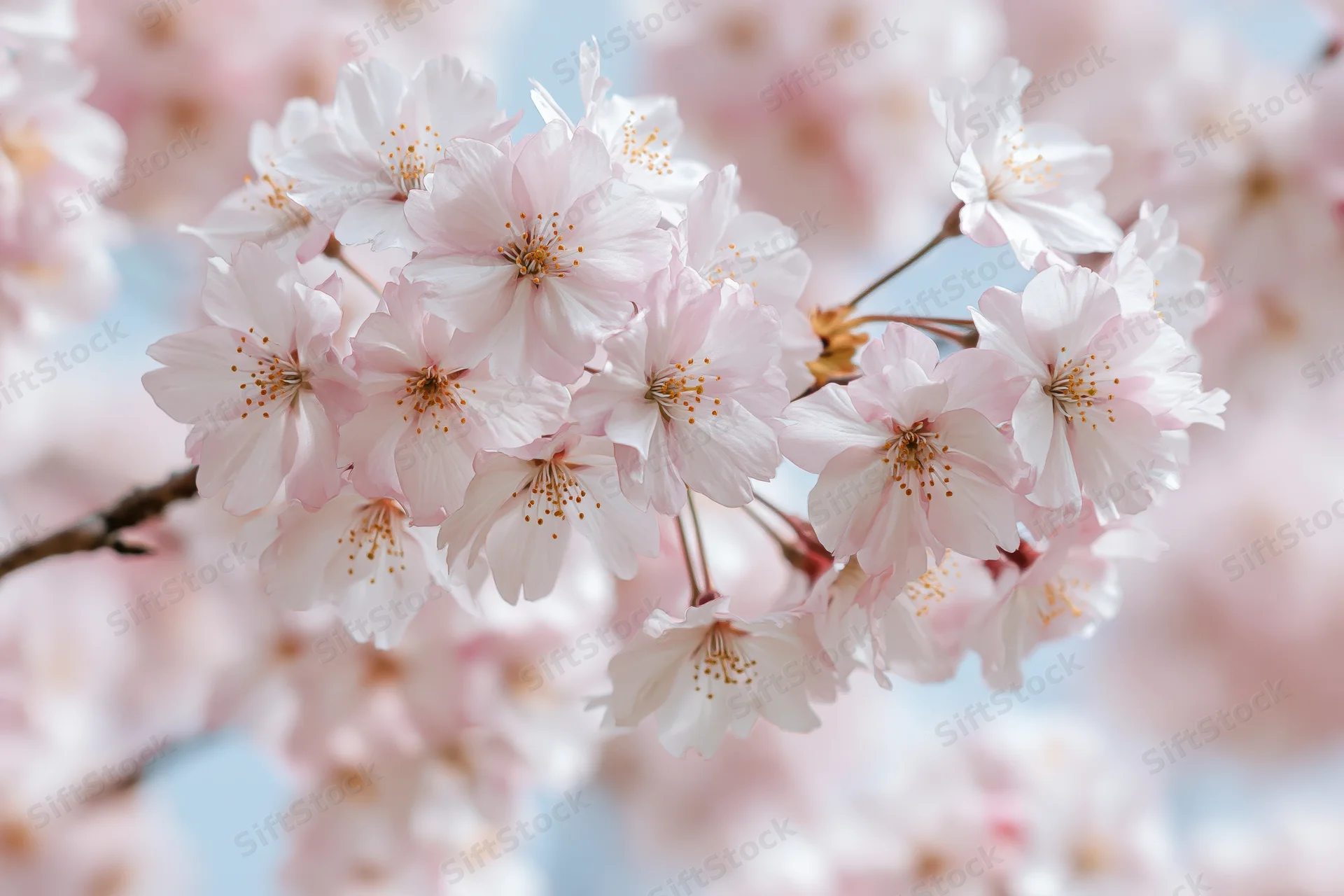 Cherry blossom cluster in full bloom against a soft blue sky