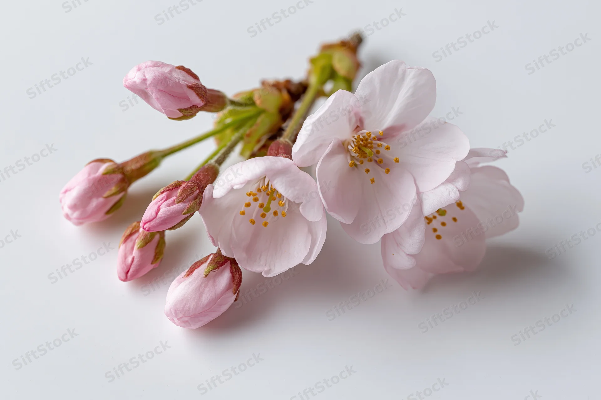 Cherry blossom sprig with open blooms and buds on white background