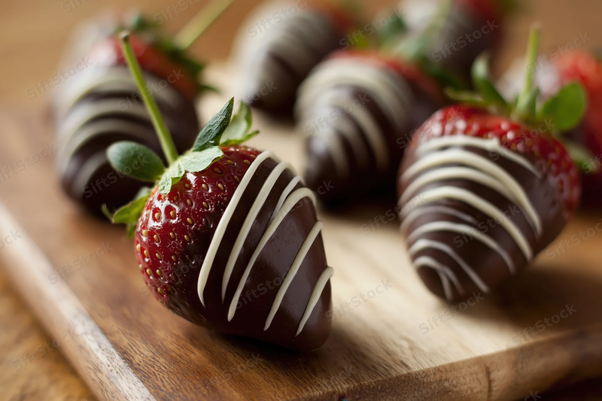 Chocolate-dipped strawberries with white chocolate drizzle arranged on a wooden cutting board
