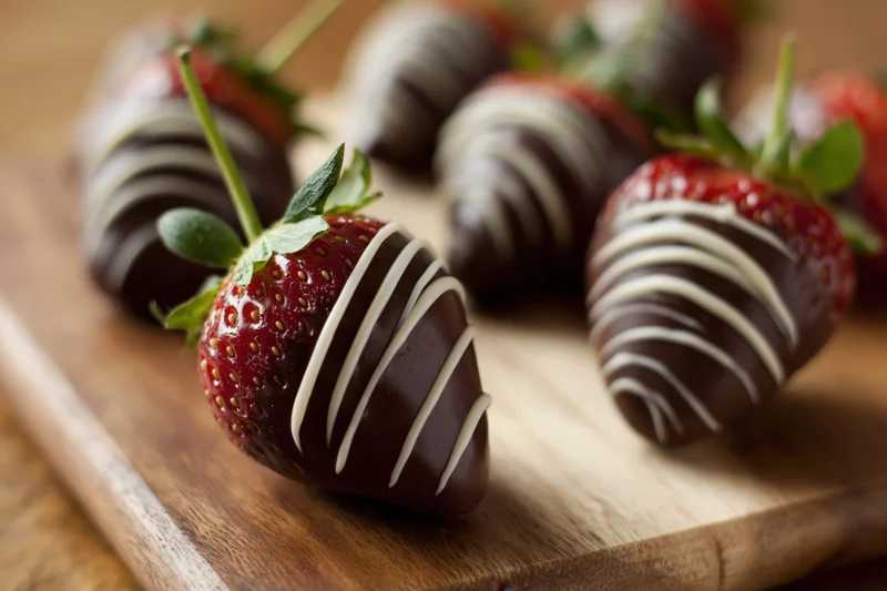 Chocolate-dipped strawberries with white chocolate drizzle arranged on a wooden cutting board