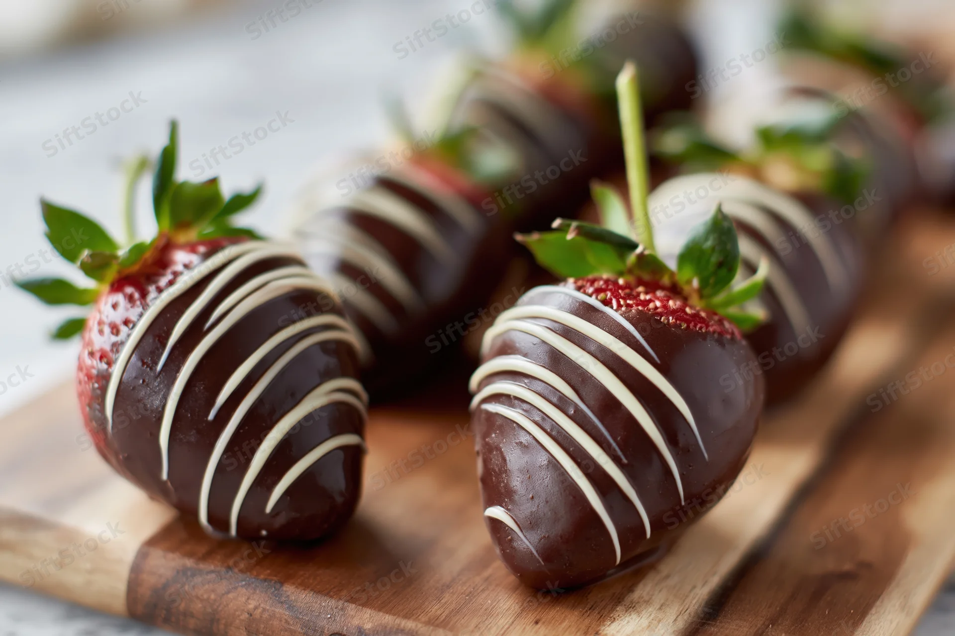 Chocolate-dipped strawberries with white chocolate drizzle arranged on a wooden cutting board