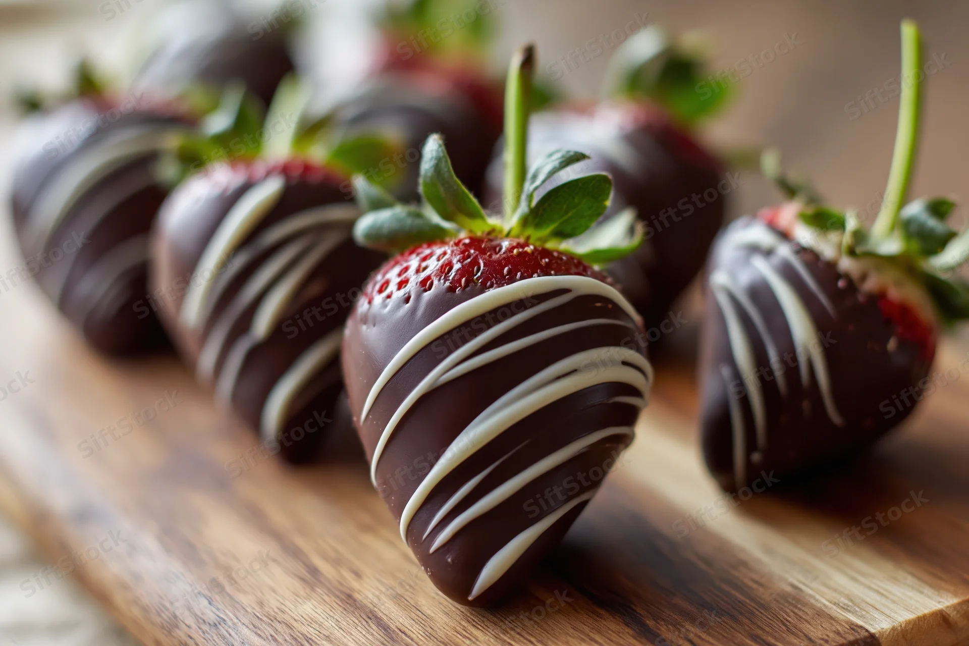 Chocolate-dipped strawberries with white chocolate drizzle arranged on a wooden cutting board