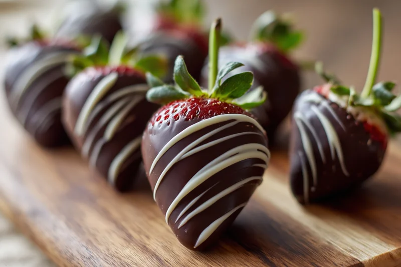 Chocolate-dipped strawberries with white chocolate drizzle arranged on a wooden cutting board