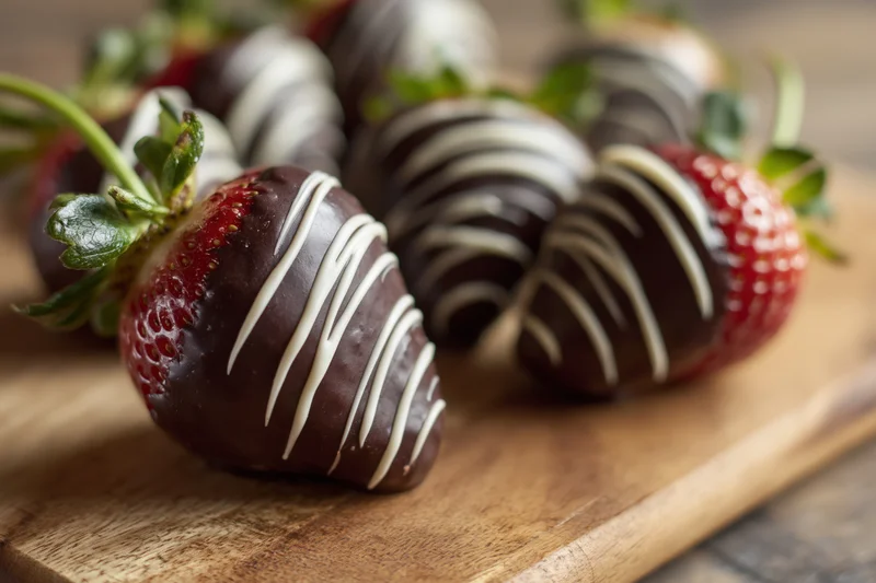 Chocolate-dipped strawberries with white chocolate drizzle arranged on a wooden cutting board