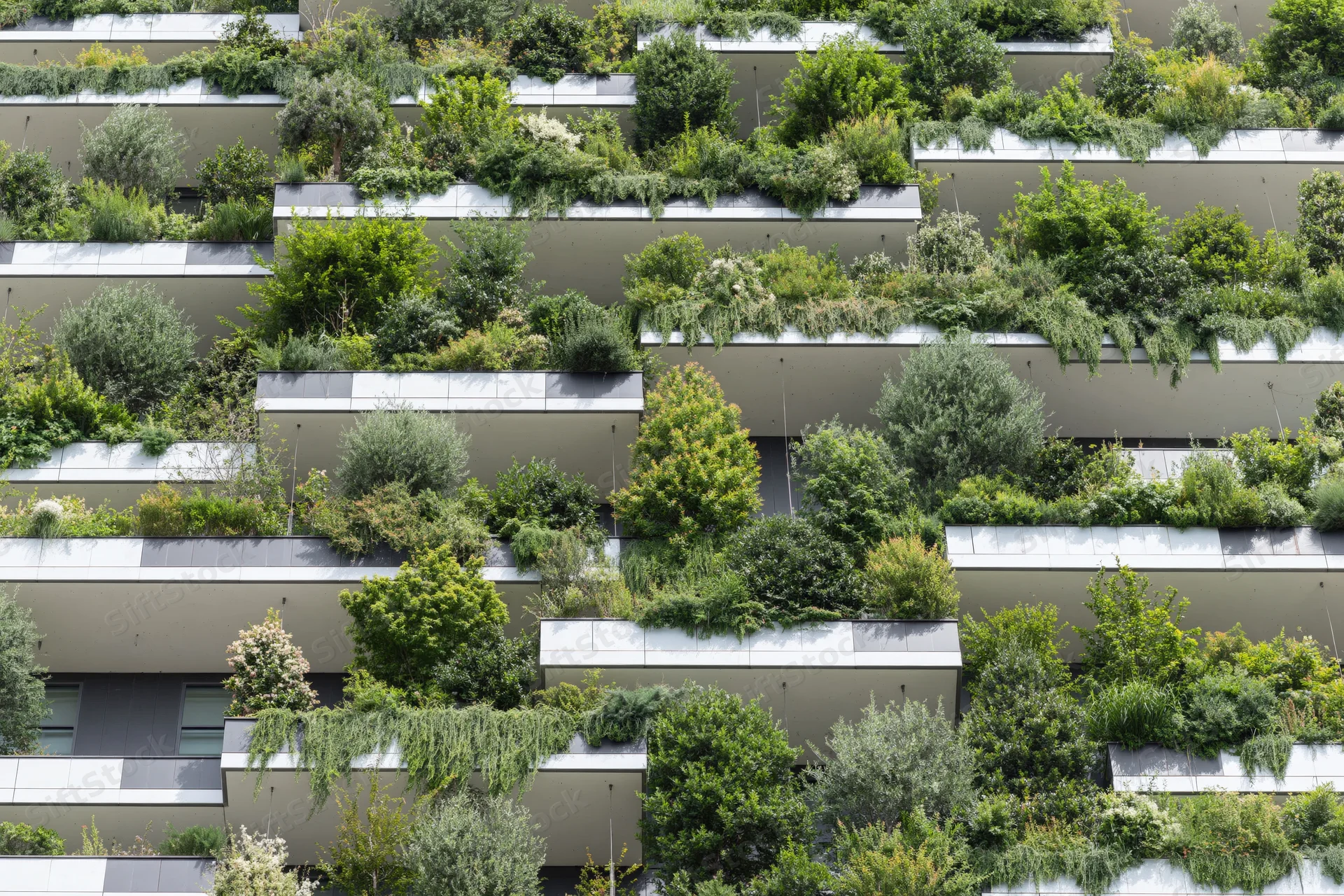 Green plants growing on balconies of a modern residential tower facade