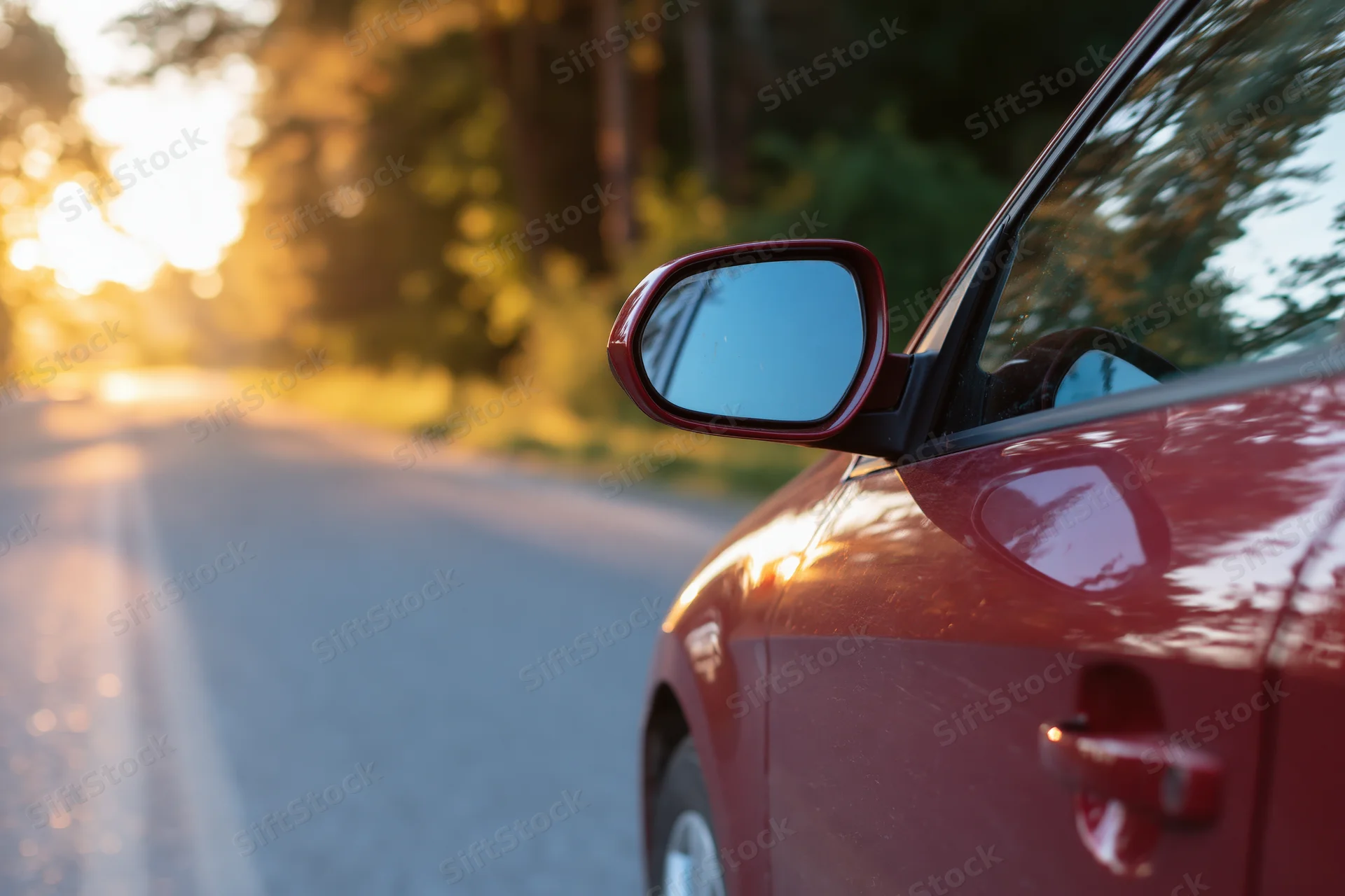 Red car side mirror reflecting sky and trees on a road at sunset