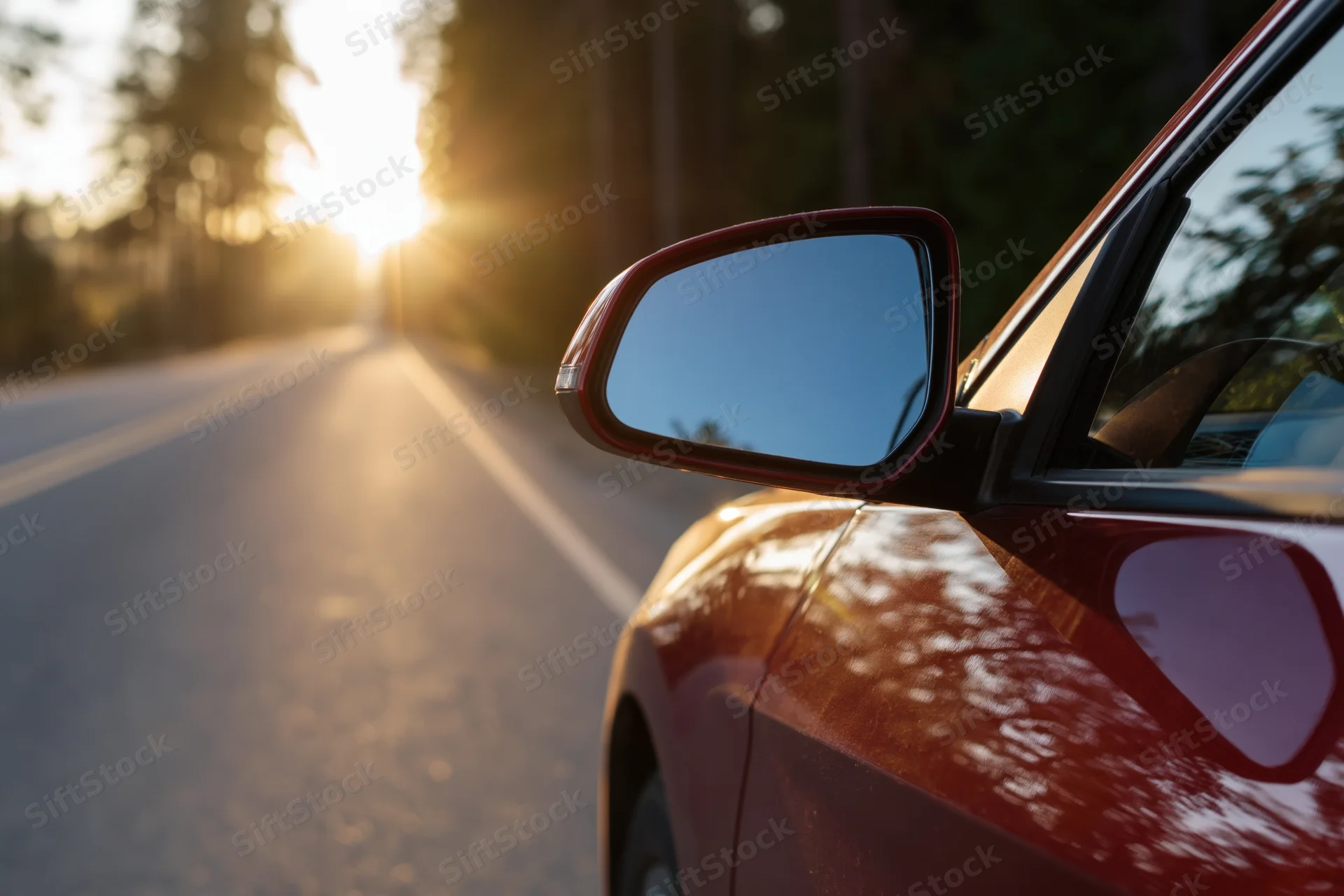 Red car side mirror reflecting sky on road at sunset