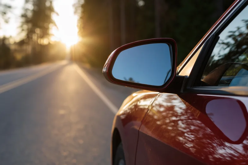 Red car side mirror reflecting sky on road at sunset