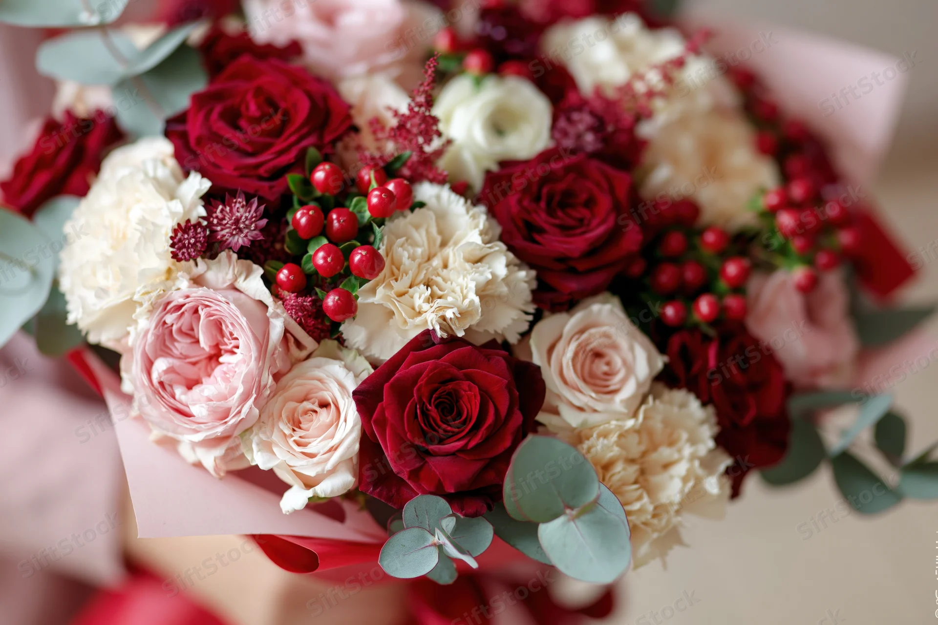 Close-up of a lush bouquet of red and pink roses with white carnations and green eucalyptus held in hands