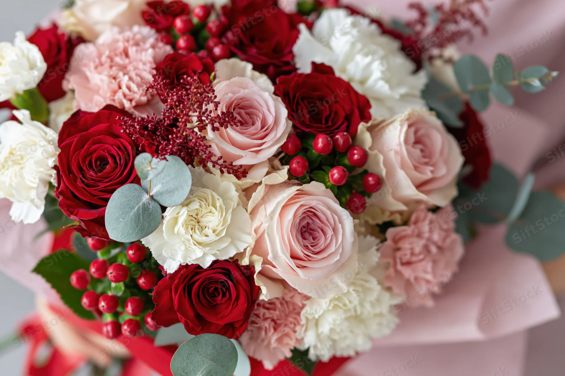 Close-up of a lush bouquet of red and pink roses with white carnations and greenery held in hands