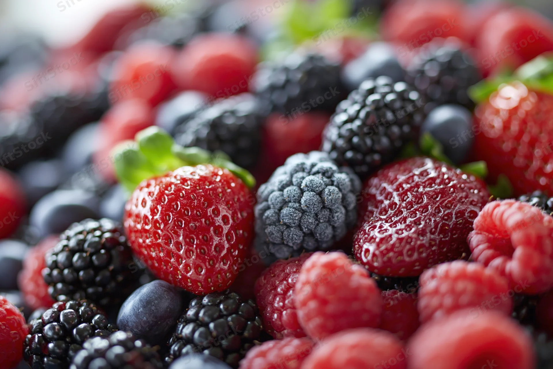 Close-up of mixed berries including strawberries, blackberries, raspberries and blueberries in a pile
