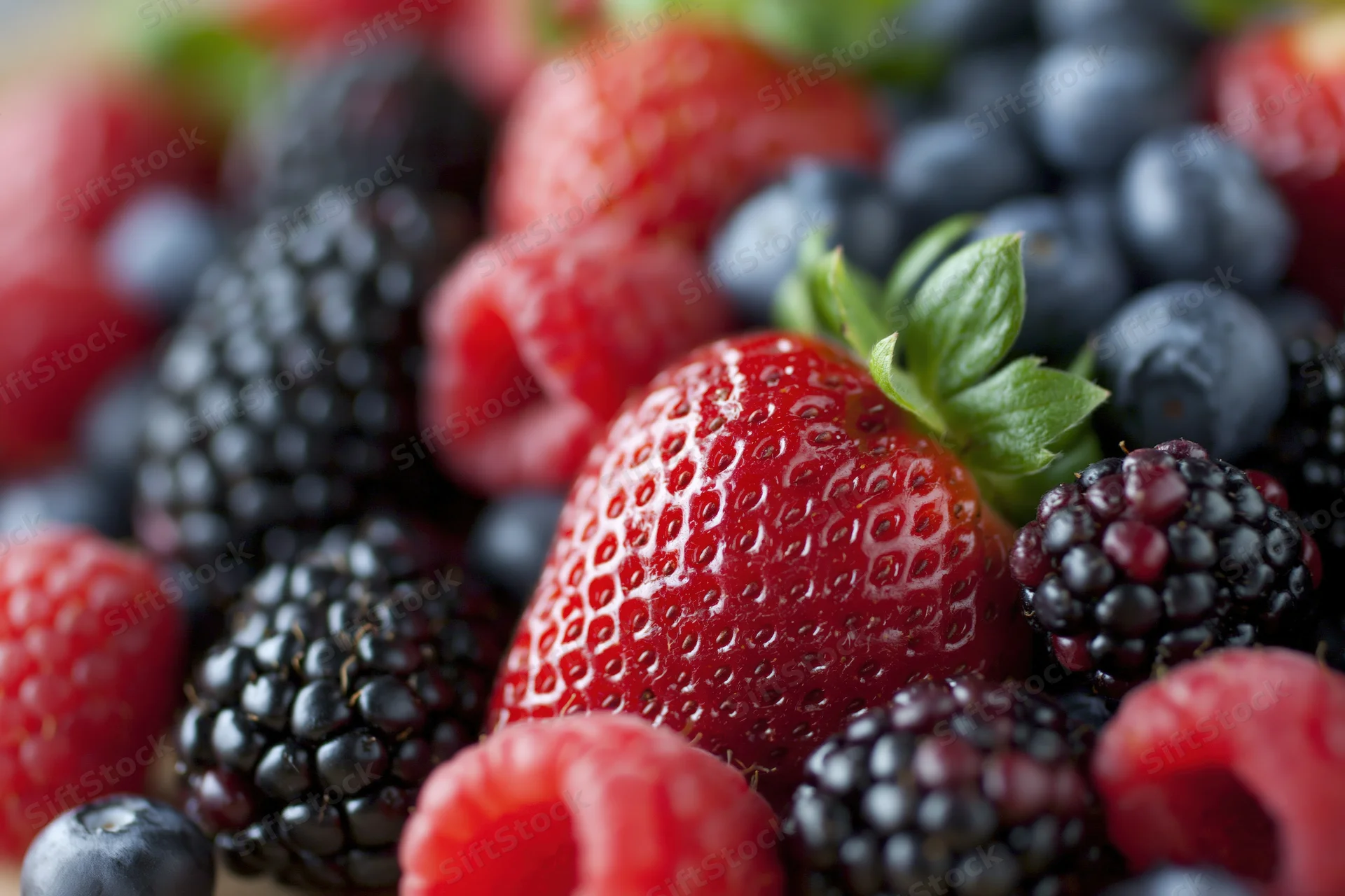Close-up of mixed berries including strawberries, blackberries, raspberries and blueberries in a pile