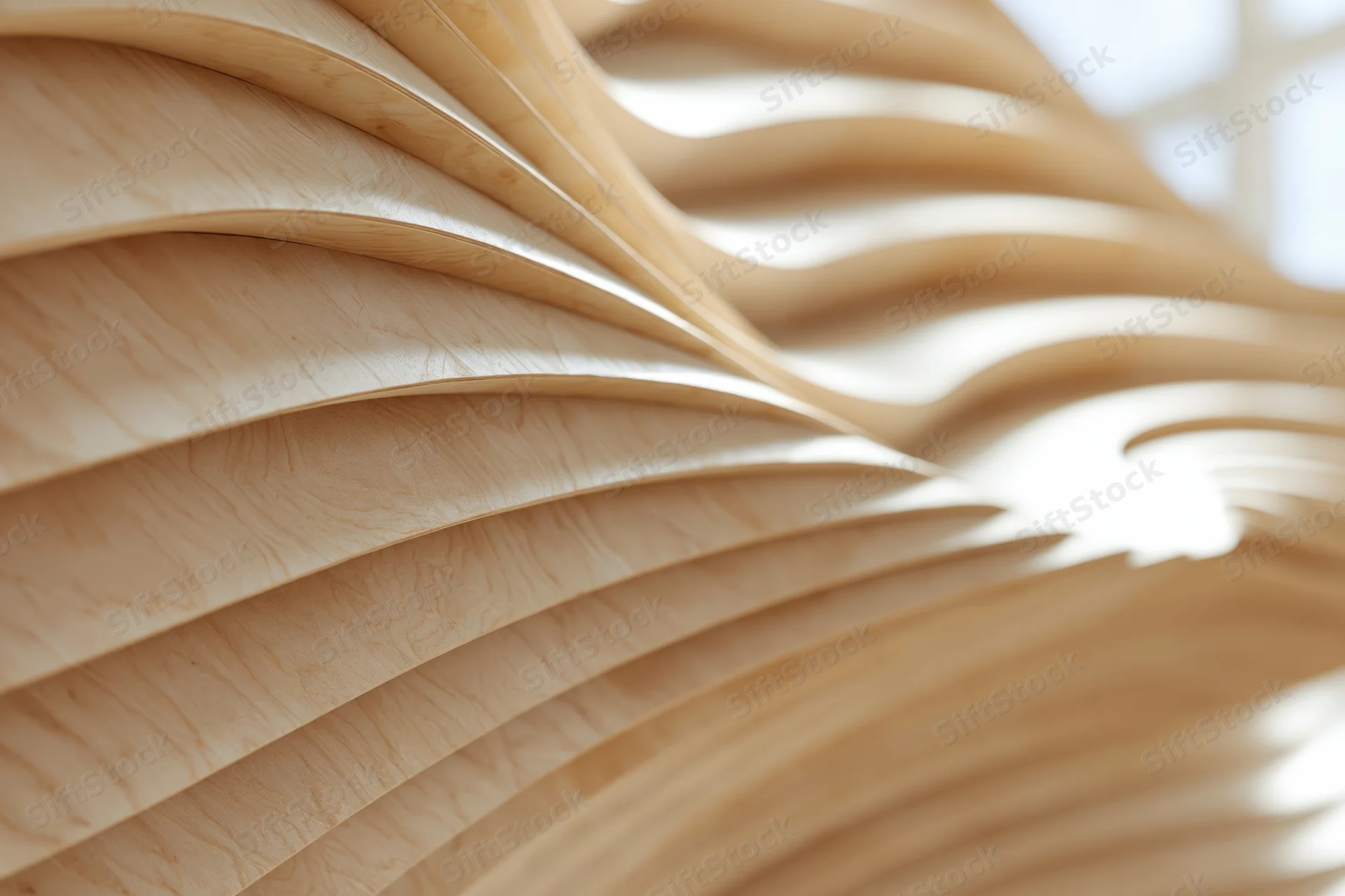 Close-up of a parametric wooden ceiling installation with flowing curved layers