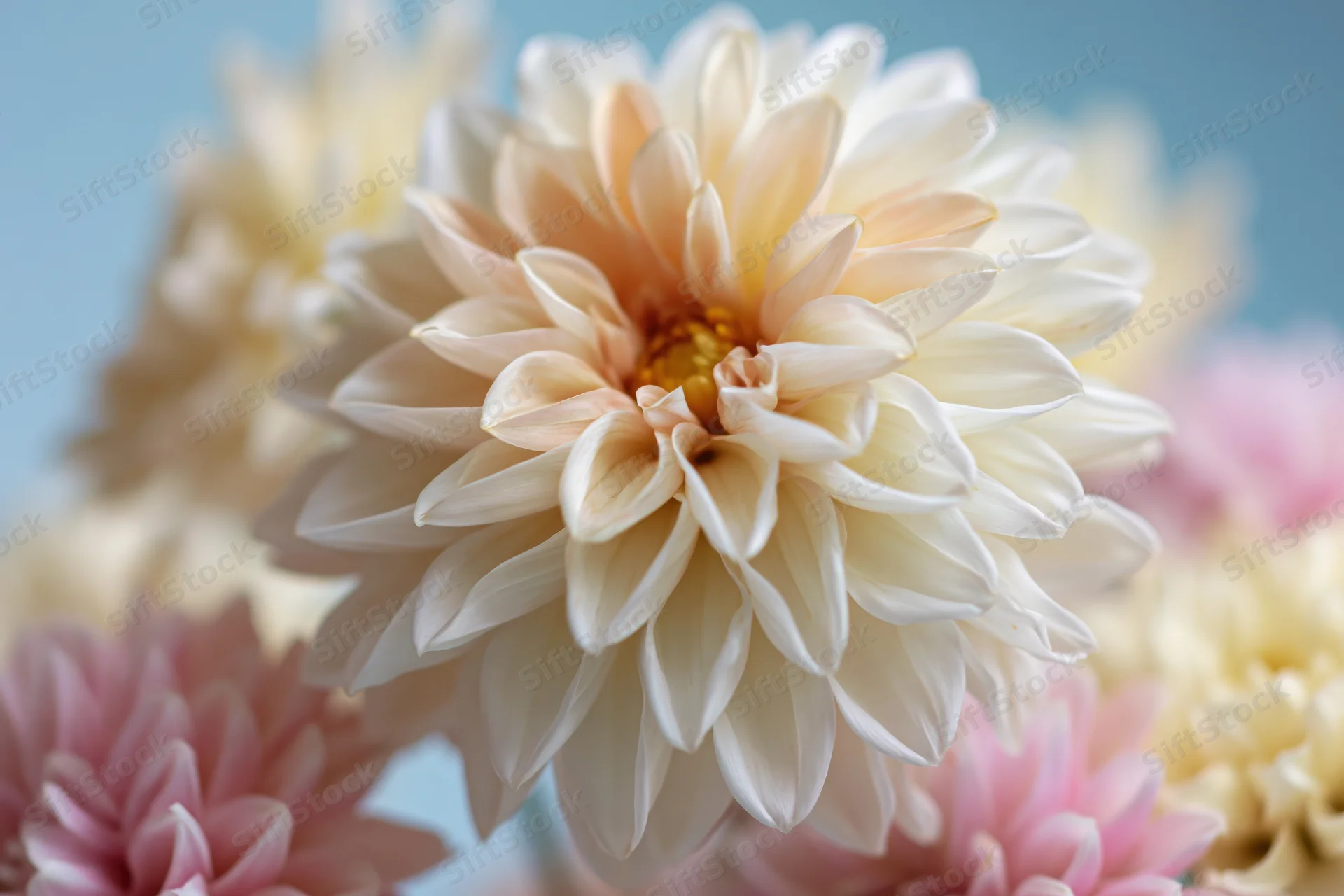 Close-up of a white and pale peach dahlia bloom with pink and cream flowers in soft focus against a light blue background