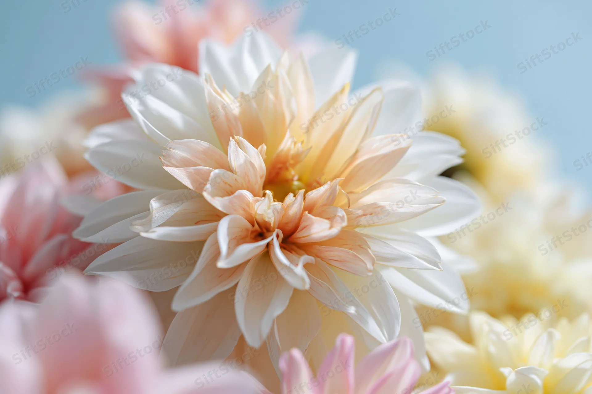 Close-up of a white and pale peach dahlia bloom with soft pastel flowers in the background