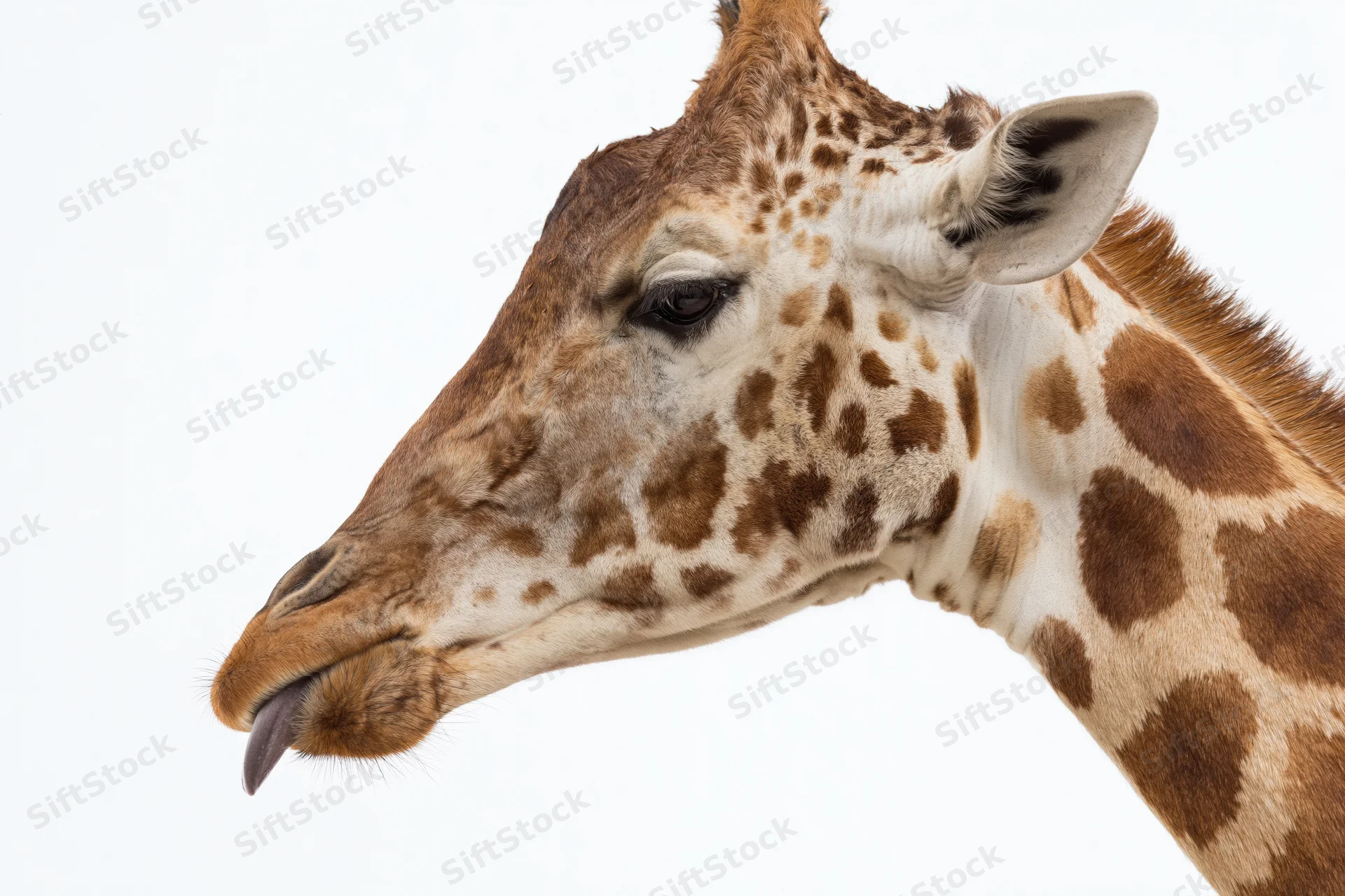 Giraffe head in profile with tongue extended against white background