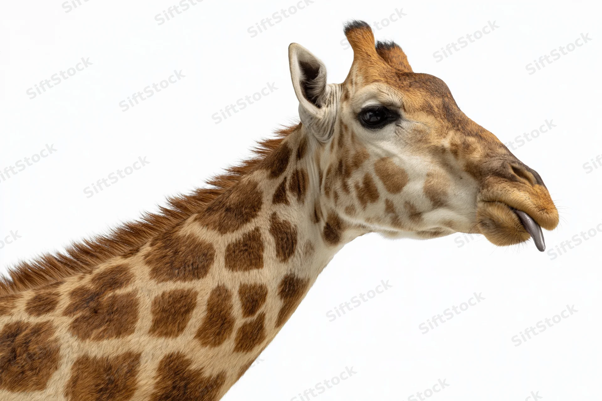 Giraffe head in close-up portrait sticking tongue out against white background
