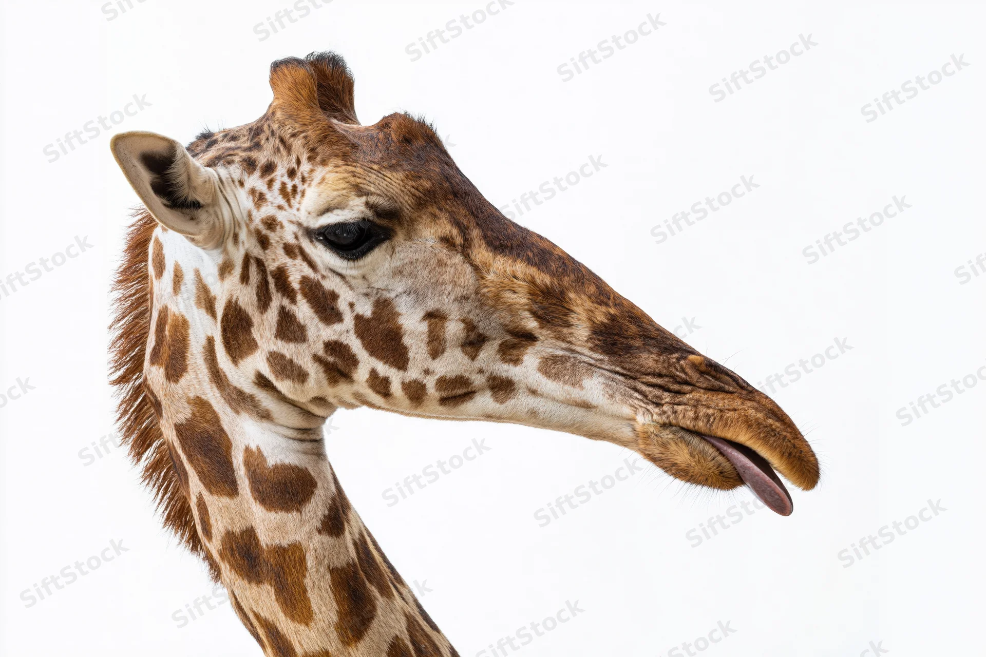 Giraffe head in close-up portrait with tongue extended against white background