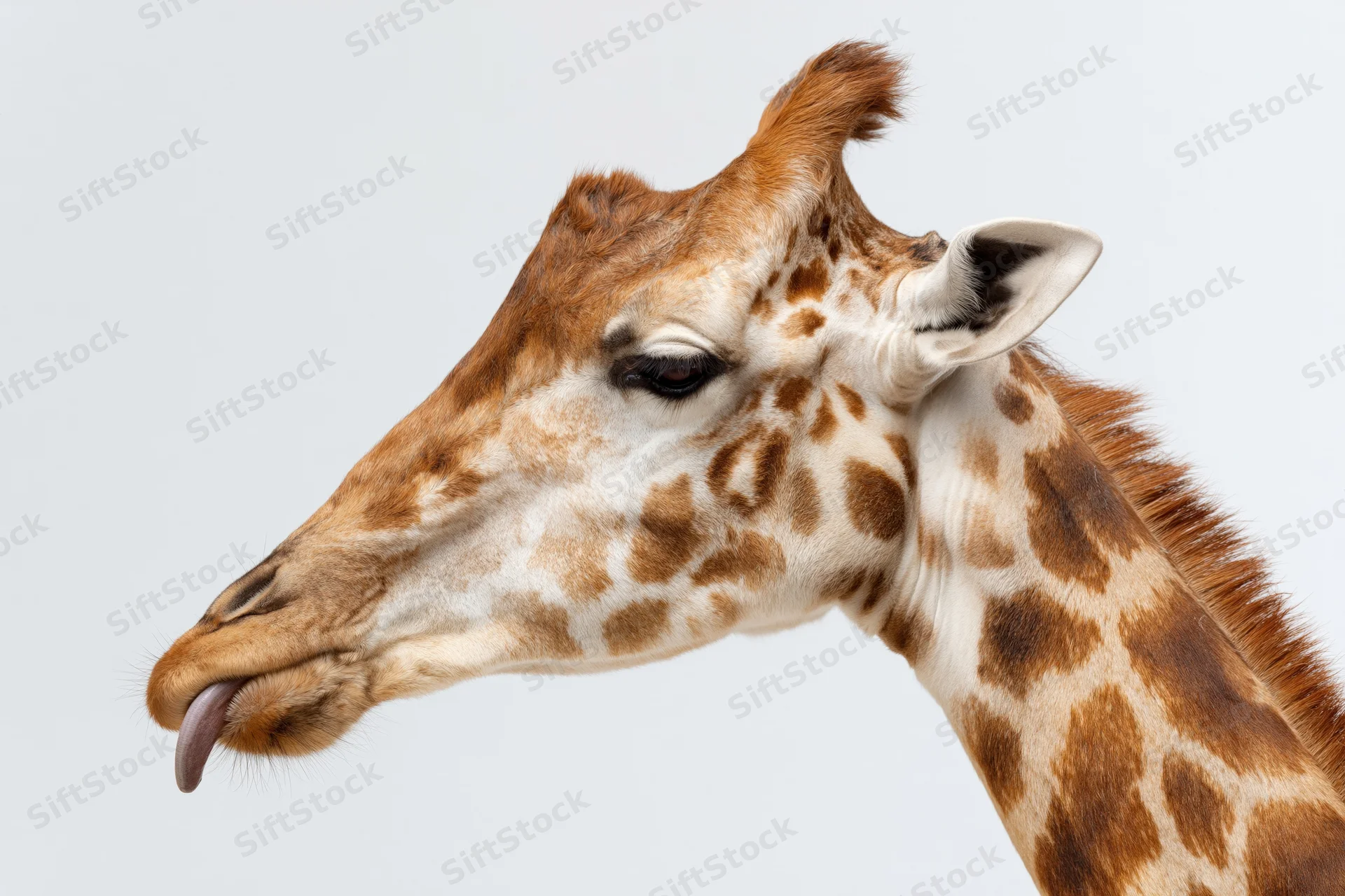 Giraffe head in profile with tongue extended against white background