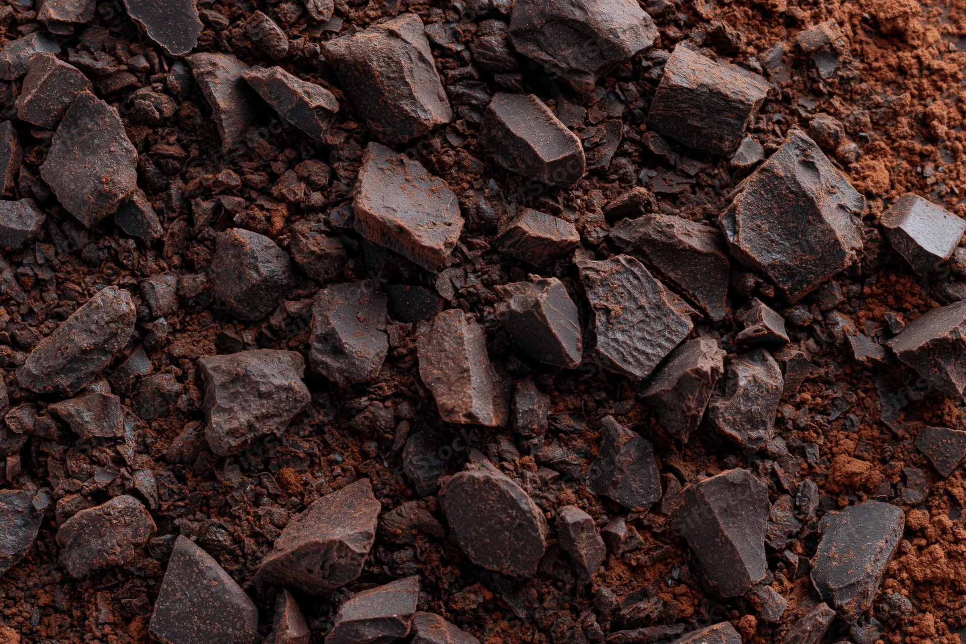 Crushed dark chocolate pieces and fine cocoa powder scattered on a textured surface