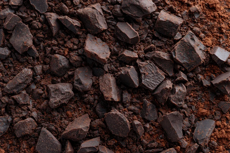 Crushed dark chocolate pieces and fine cocoa powder scattered on a textured surface