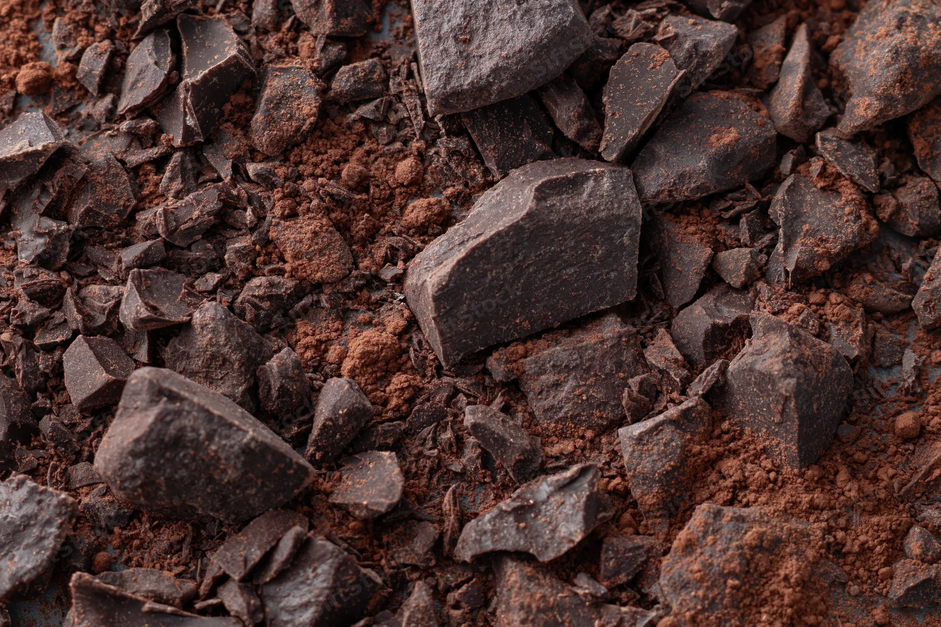 Crushed dark chocolate pieces and fine cocoa powder scattered across a surface