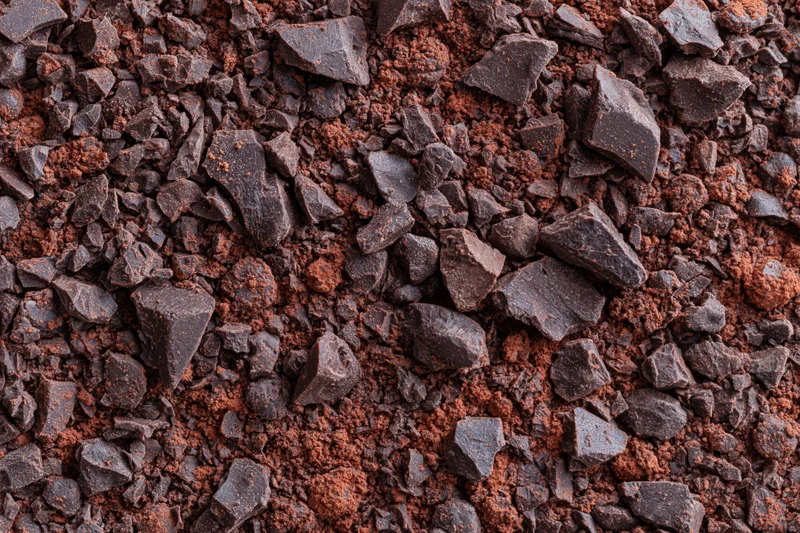 Crushed dark chocolate pieces and fine cocoa powder scattered across a flat surface in a close-up top-down view