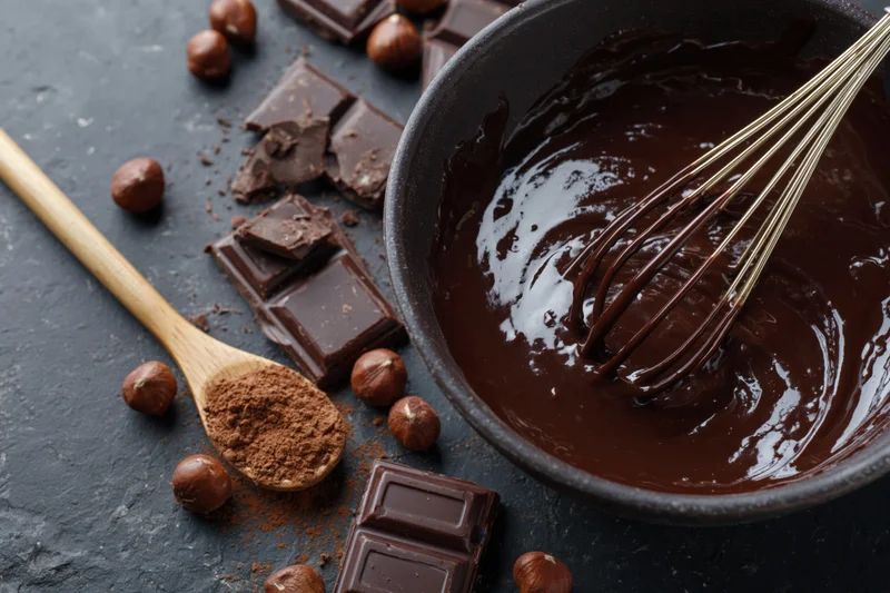 Melted chocolate in a dark ceramic bowl with whisk, surrounded by chocolate pieces, hazelnuts, and cocoa powder on a dark surface