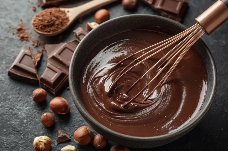 Glossy melted chocolate in a dark ceramic bowl with a whisk, surrounded by chocolate pieces, hazelnuts, and cocoa powder on a dark surface