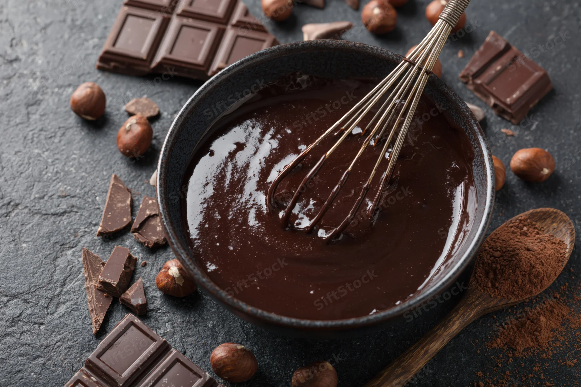 Melted chocolate in a dark ceramic bowl with whisk surrounded by chocolate bars and hazelnuts on stone surface