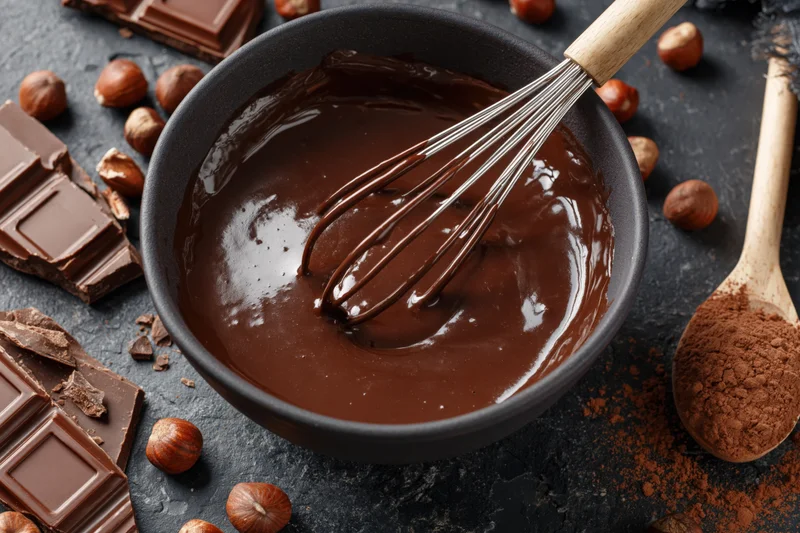 Melted chocolate in a dark ceramic bowl with whisk and cocoa powder on dark surface