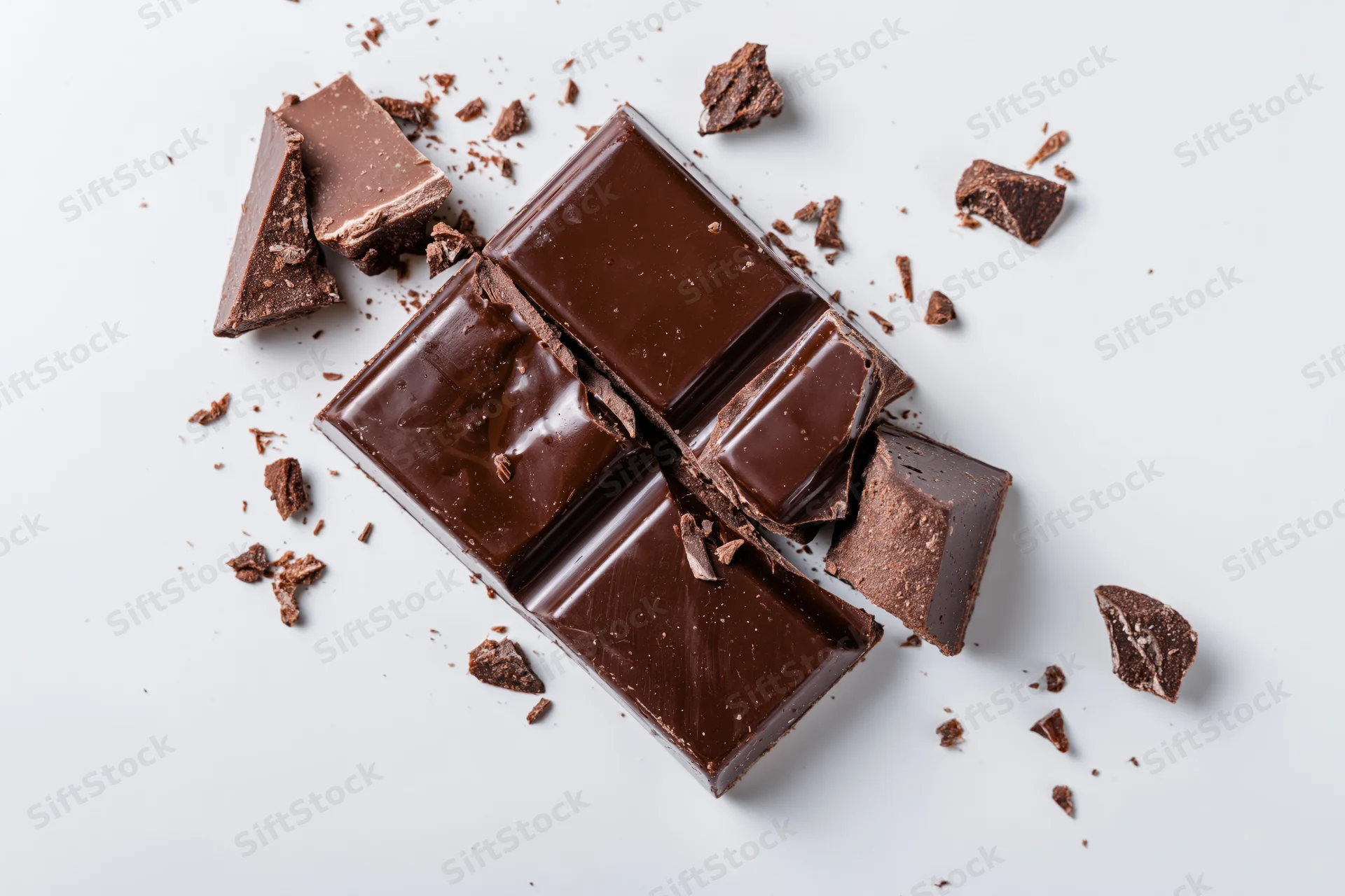 Broken dark chocolate bar with scattered pieces and crumbs on white background