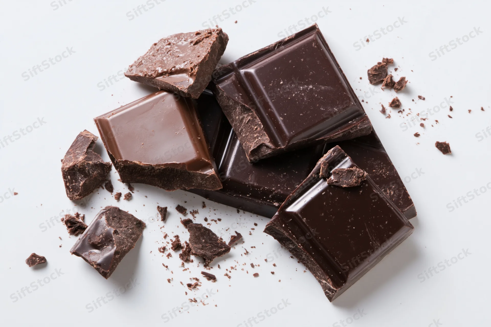 Broken dark chocolate pieces scattered on white background