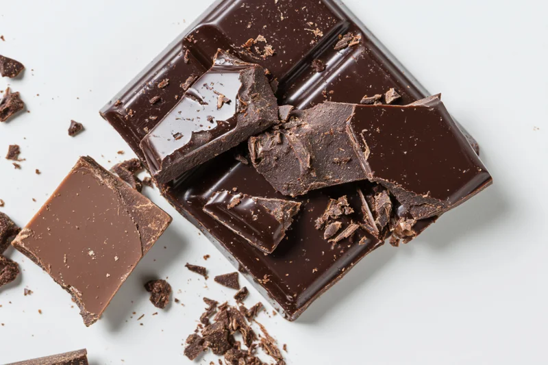 Dark chocolate bar broken into pieces and small crumbs