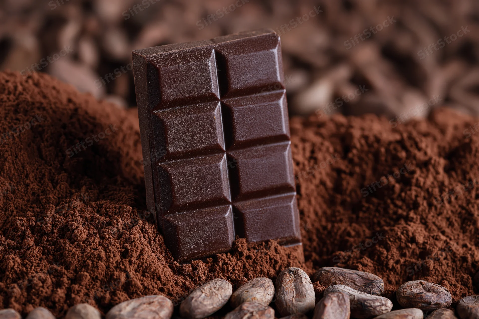 Dark chocolate bar standing upright in cocoa powder with cocoa beans around